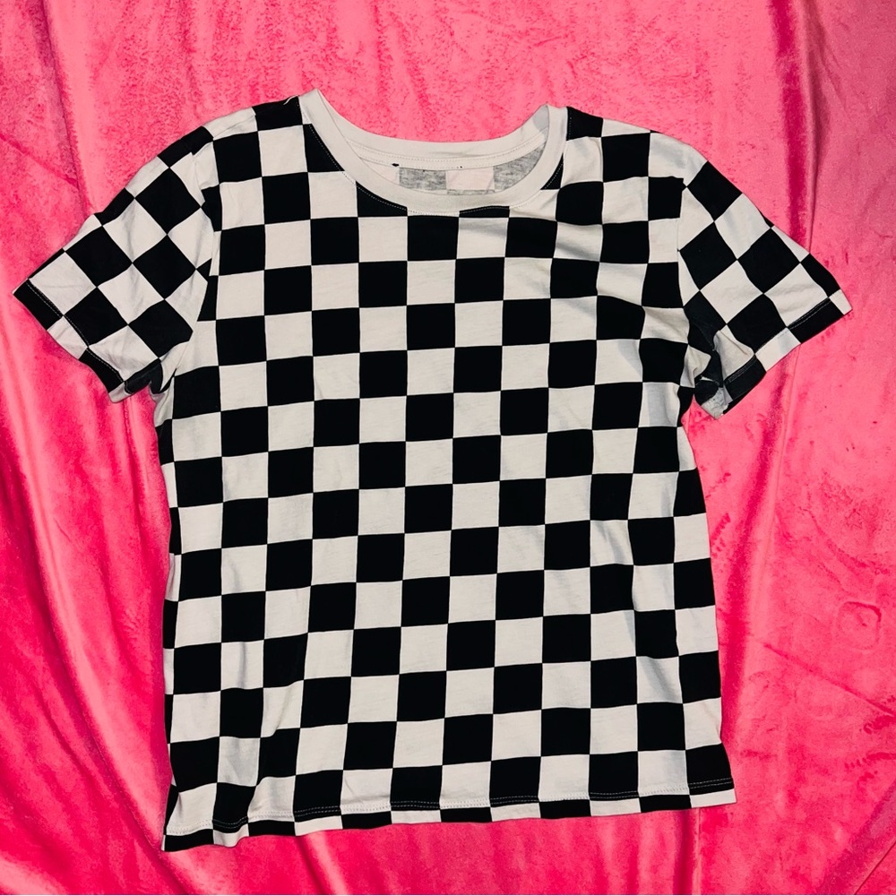 Checkered Black and White T-Shirt with White Ringer Neck